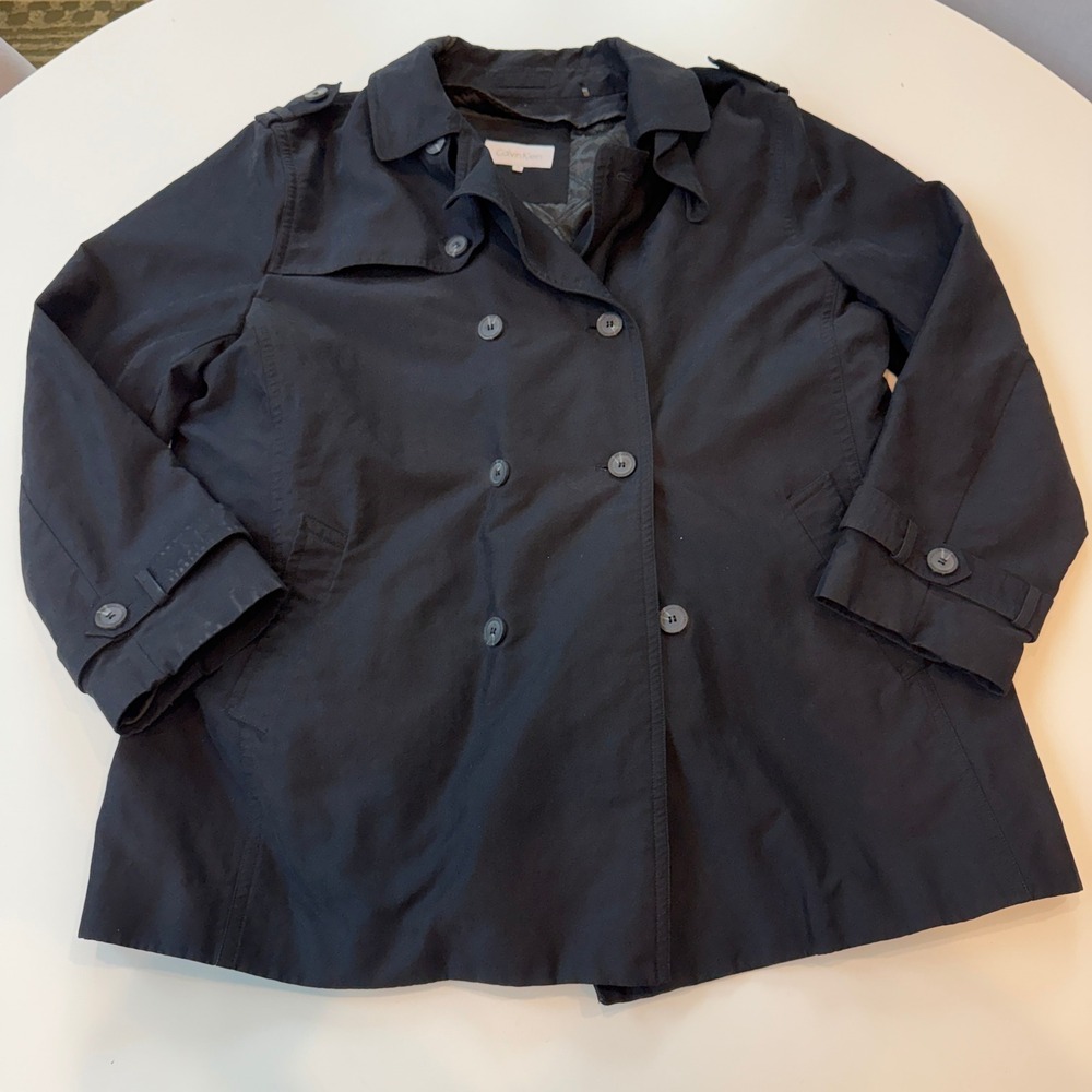 Calvin Klein Double Breasted Black Polyester Blend Trench Coat Women XL